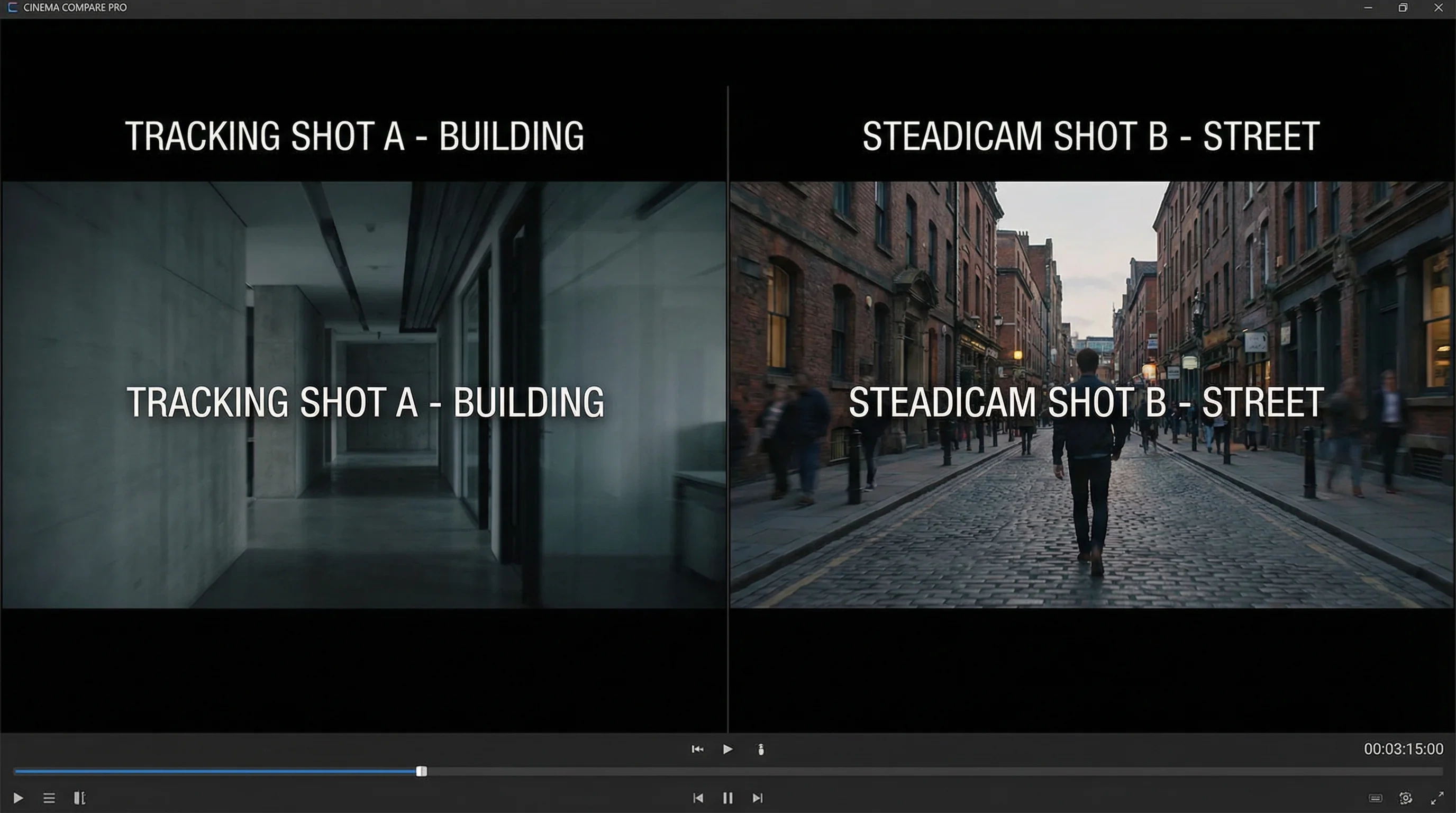 分屏对比功能演示 - 左侧跟踪镜头与右侧斯坦尼康镜头对比